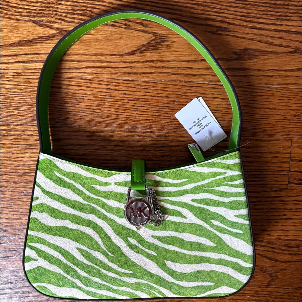Michael Kors Lyra Small Zebra Print Calf Hair Pochette Bag Jungle Green